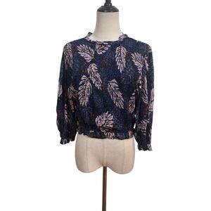 Zara Smocked Crop Top Sz S Floral Sheer Peasent Boho Blouse Indie Festival